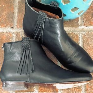 Joie Italian Leather Black Butter Soft Booties Ankle Boots Fringe Low Heel 6.5